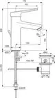 Waschbeckenarmatur von Ideal Standard mit seitlichem Bedienhebel und flexiblen Anschlüssen, abnehmbaren Einsatz für einfache Reinigung, technische Maße und Installationshinweise.